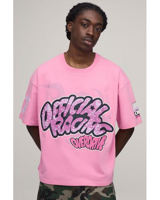 BoohooMAN Pink Oversized Boxy Fun Moto Graphic Puff Print T-Shirt for men