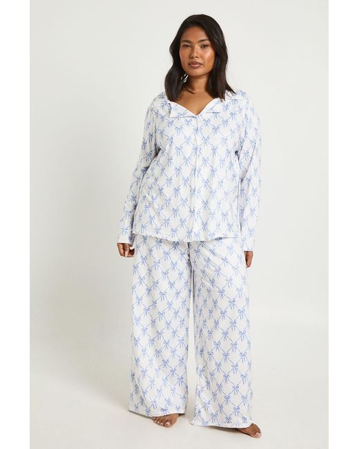 Boohoo White Plus Bow Print Long Sleeve Shirt And Trousers Pyjama Set