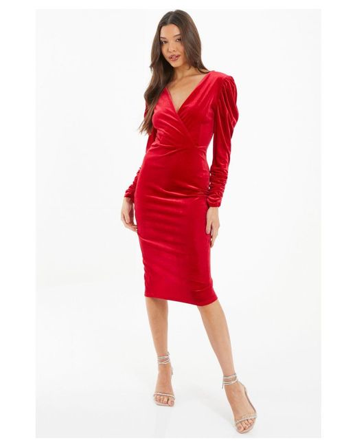 Quiz Red Velvet Wrap Midi Dress
