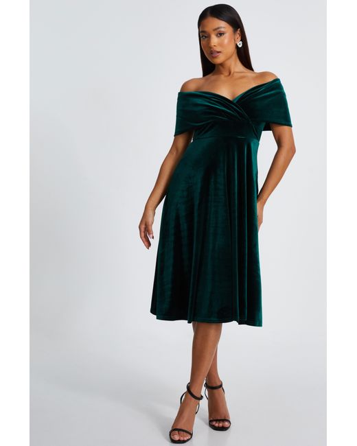 Quiz Blue Petite Bottle Velvet Bardot Midi Dress