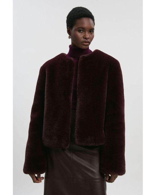 Karen Millen Black Collarless Faux Fur Jacket
