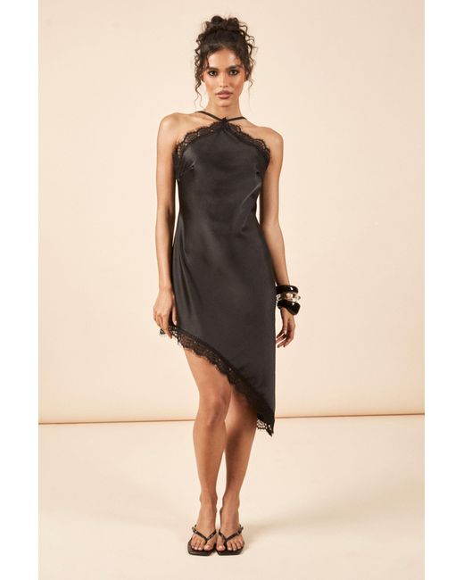 Boohoo Natural Textured Satin & Lace Halterneck Midi Dress