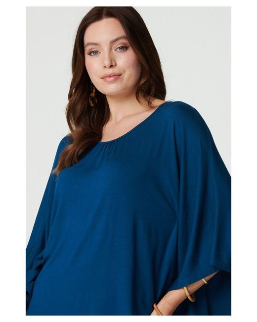 Izabel London Blue Plain Round Neck 3/4 Batwing Top