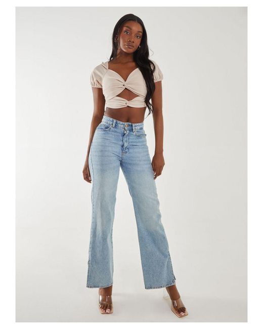 Pink Vanilla Blue Puff Sleeve Bengaline Cropped Top