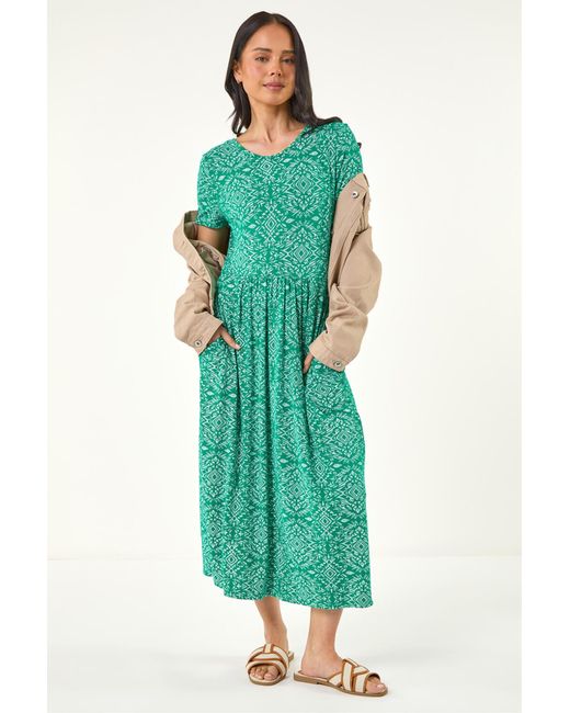 Roman Green Petite Aztec Gathered Waist Midi Dress