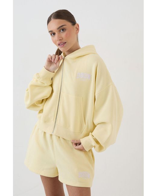 DSGN Studio Natural Collegiate Applique Boxy Crop Zip Through Hoodie