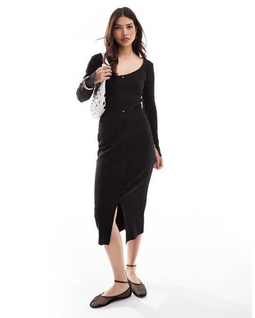 Pieces Black Ribbed Button Through Midi Dress With Side Split Sleeves