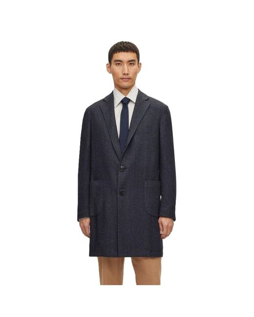 Boss Blue Solid Patterned Lapel Collared Over Coat for men