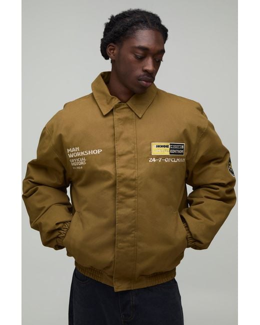BoohooMAN Green Oversized Fit Badge Applique Collared Bomber Jacket for men