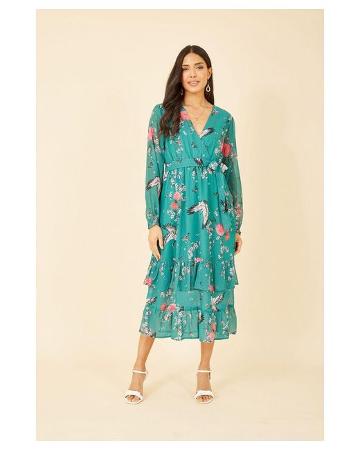 Yumi' Blue Crane Print Long Sleeve Wrap Midi Dress
