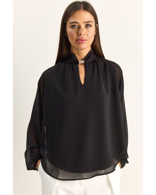 Bianco Lucci Black Mandarin Collar Chiffon Blouse With Stone Accessory