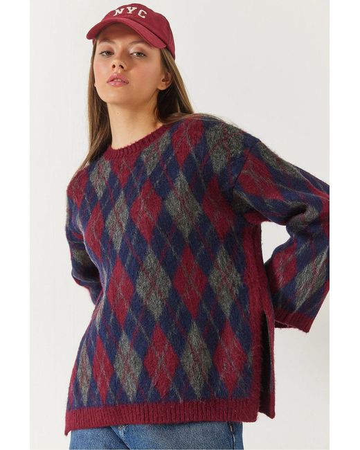 Bianco Lucci Purple Crew Neck Slit Knit Sweater