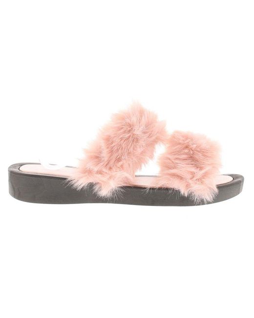 Wynsors Pink Wedge Sliders Sandals Faux Fur Pansy Textile