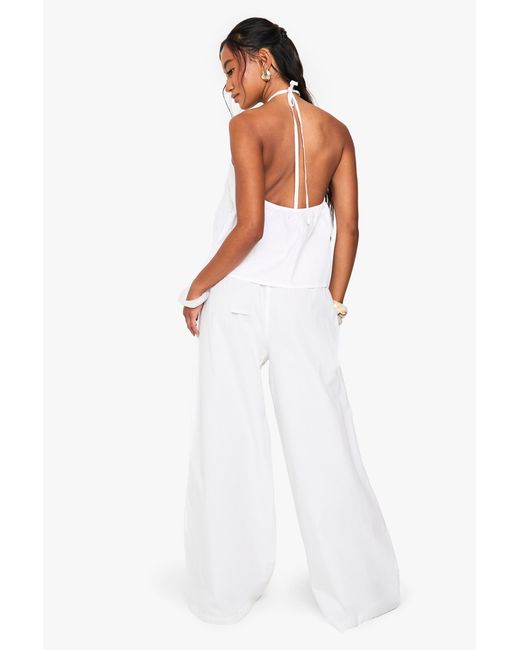 Boohoo White Drawstring Waist Poplin Wide Leg Trousers