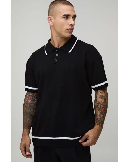 BoohooMAN Black Essential Relaxed Fit Contrast Tip Knit Polo for men
