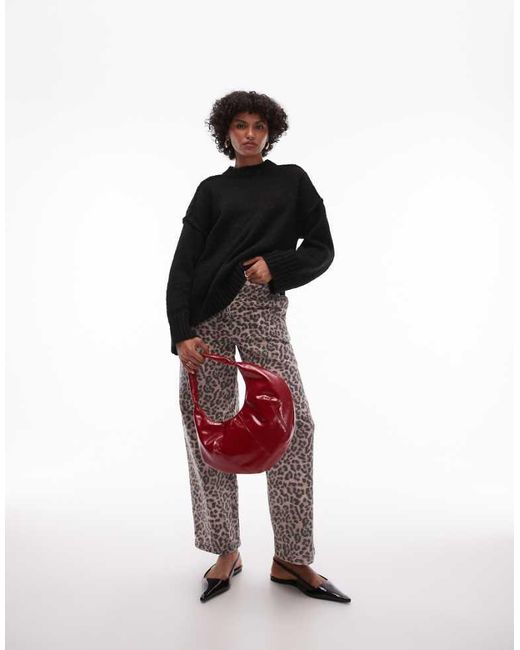TOPSHOP Red Knitted Fluffy Rib Detail Exposed Seam Crew Oversized Jumper
