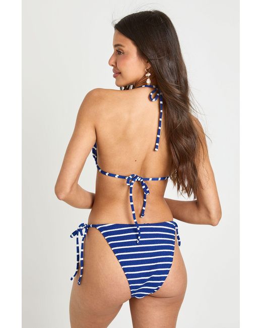 Boohoo Blue Crinkle Stripe Triangle Top And Tie Side Bikini Bottom