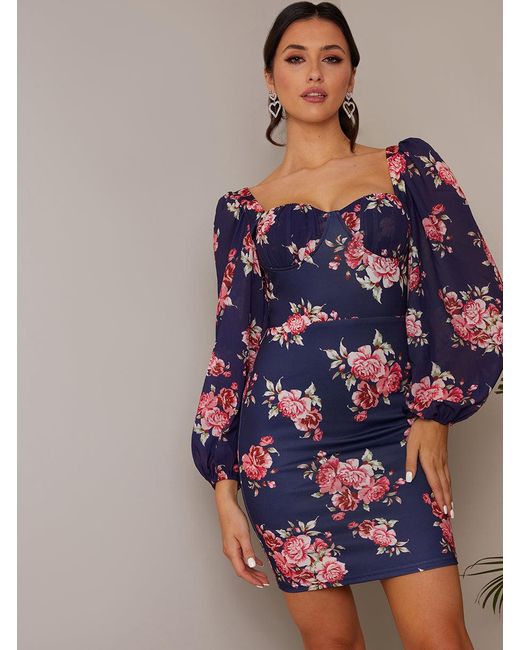 Chi Chi London Blue Balloon Sleeve Floral Bodycon Mini Dress