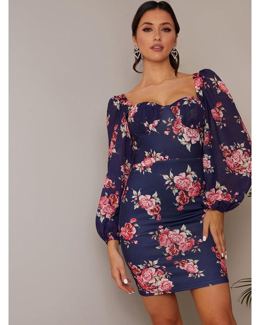 Chi Chi London Blue Balloon Sleeve Floral Bodycon Mini Dress