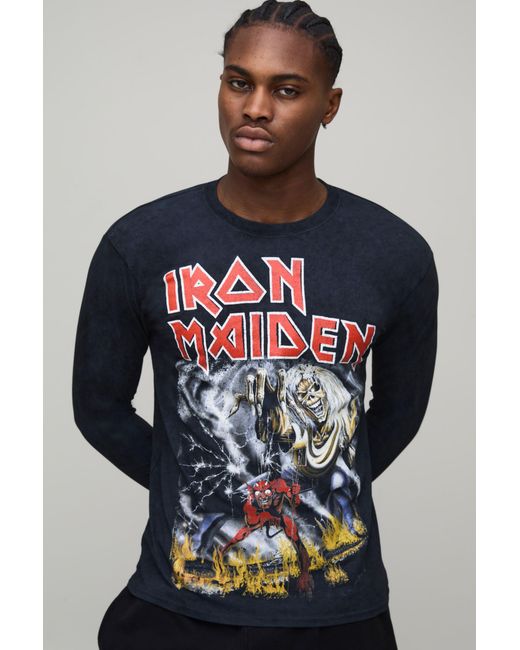 BoohooMAN Blue Regular Fit Iron Maiden Acid Wash License Printed Long Sleeve T-Shirt Cotton for men