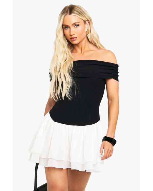 Boohoo Black Bardot Chiffon Mix Mini Dress