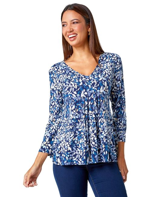 Roman Blue Leaf Print Pintuck Swing Stretch Top