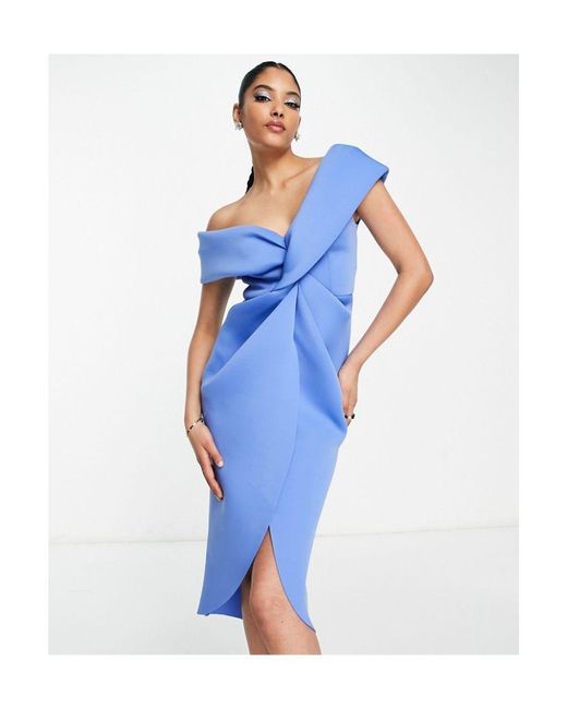 ASOS Blue Off Shoulder Twist Front Midi Dress