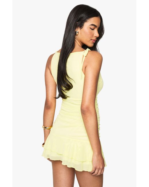 Boohoo Yellow Square Neck Ruched Mesh Mini Dress