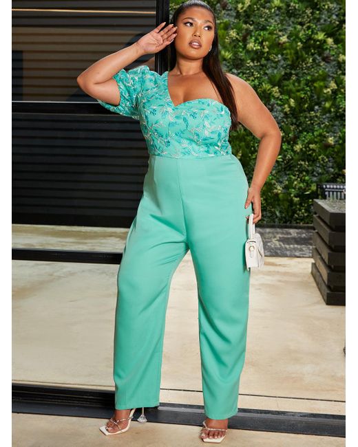 Chi Chi London Green Plus Size One Shoulder Puff Sleeve Embroidered Jumpsuit