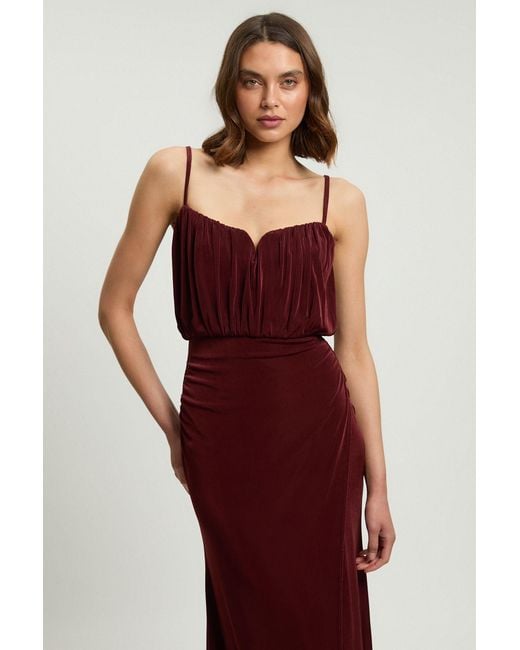 Karen Millen Red Drapey Crepe Bodice Detail Split Maxi Dress