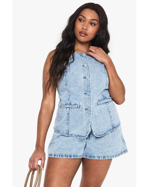 Boohoo Blue Plus Denim Self Fabric Button Waistcoat