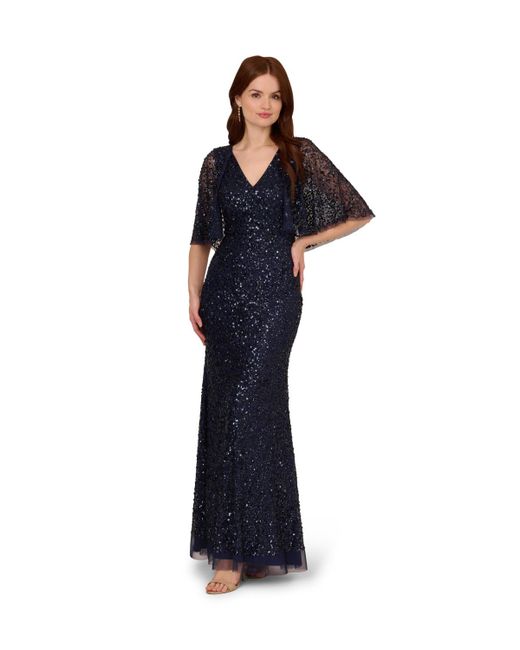 Adrianna Papell Blue Bead Mesh Cape Long Dress