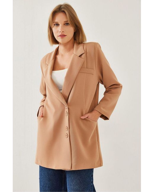 Bianco Lucci Brown Double Breasted Long Blazer With Faux Leather Details