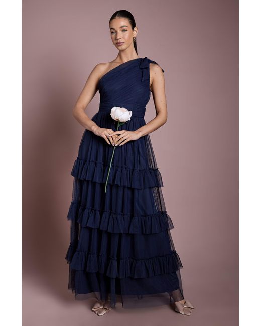 Oasis Blue Pleated Mesh One Shoulder Tiered Maxi Bridesmaid Dress