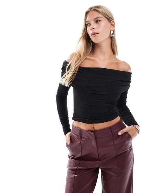 Cotton On Black Rhi Gathered Off The Shoulder Slinky Long Sleeve Top
