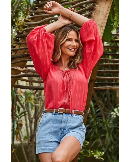 Sosandar Red Coral Metallic Blouson Sleeve Lace Up Blouse
