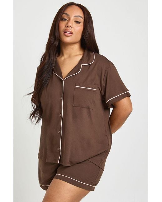 Boohoo Brown Plus Jersey Piping Short Sleeve And Shorts Pyjama Set
