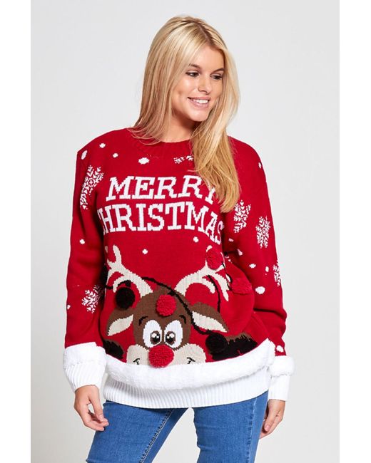 Femme Luxe Red Merry Christmas Reindeer Pom Pom Jumper