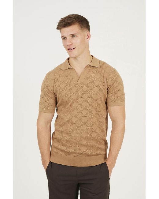 Brave Soul Multicolor Light Tan Open Collar Knitted Polo Shirt for men