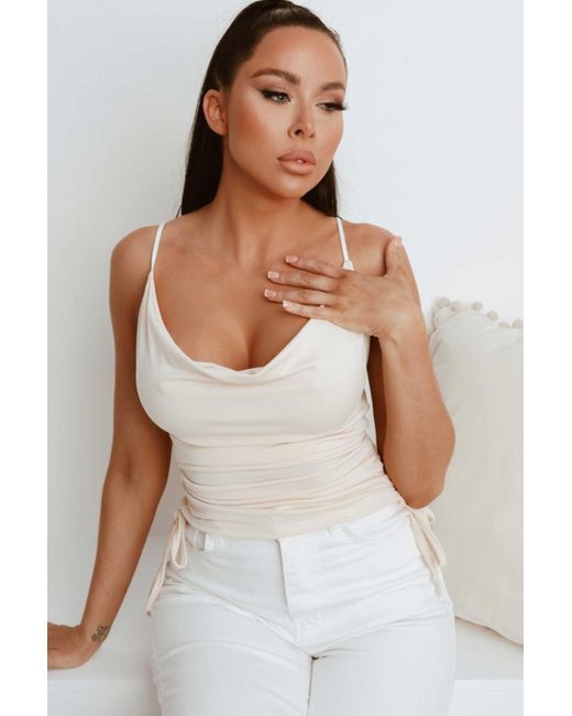 Femme Luxe White Slinky Ruched Cowl Neck Strappy Top