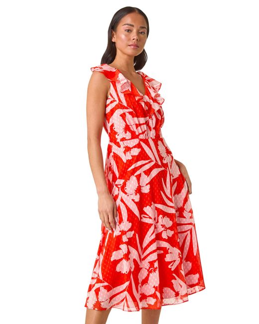 Roman Red Petite Floral Frill Front Dress