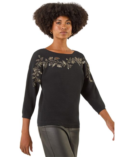 Roman Black Embellished Floral Sequin Knit Jumper