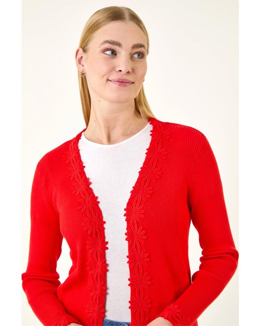 Roman Red Floral Lace Trim Knit Cardigan