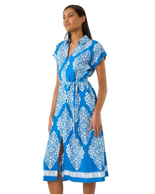 Roman Blue Geometric Print Belted Shirt Midi Dress