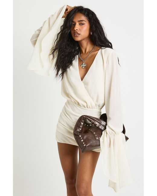 Boohoo Natural Chiffon Wrap Flare Sleeve Ruched Mini Dress