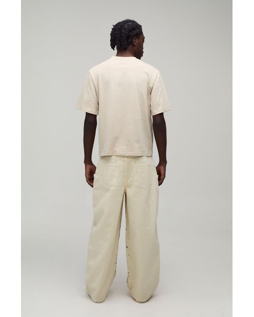 BoohooMAN Natural Barrel Leg Curve Seam Paint Splatter Trousers for men