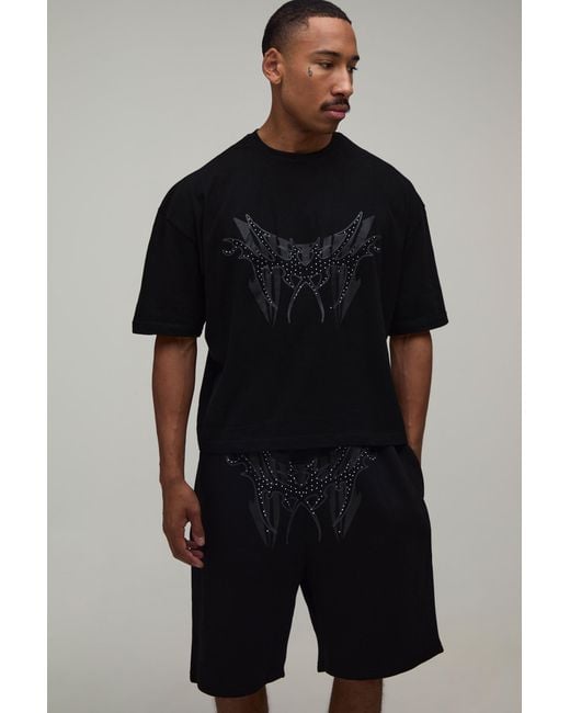 BoohooMAN Black Oversized Boxy Studded T-Shirt & Relaxed Short Set for men
