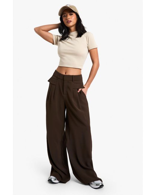 Boohoo Brown Petite Fluid Belted Wide Leg Trousers