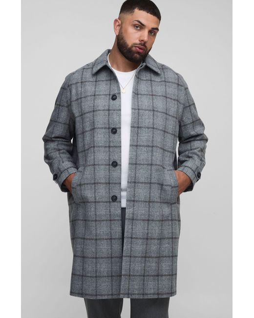 BoohooMAN Gray Plus Regular Fit Raglan Single Breasted Flannel Collar Buckle Car Coat for men