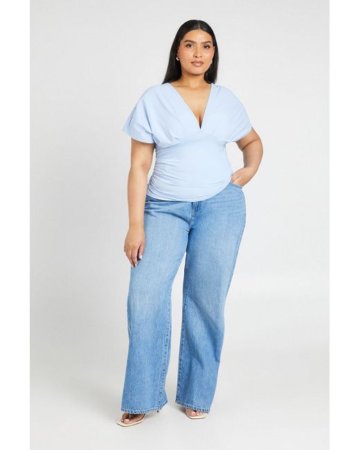 Boohoo Blue Plus V Neck Plunge Angel Sleeve Top